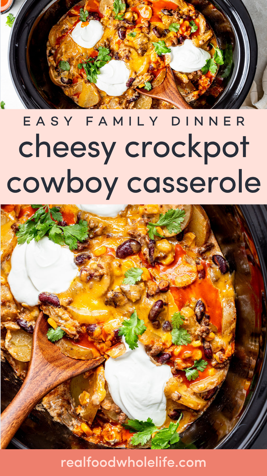 Cheesy crockpot cowboy casserole with beans, ground meat, cheese, sour cream, and cilantro in a slow cooker, scooped with a wooden spoon.