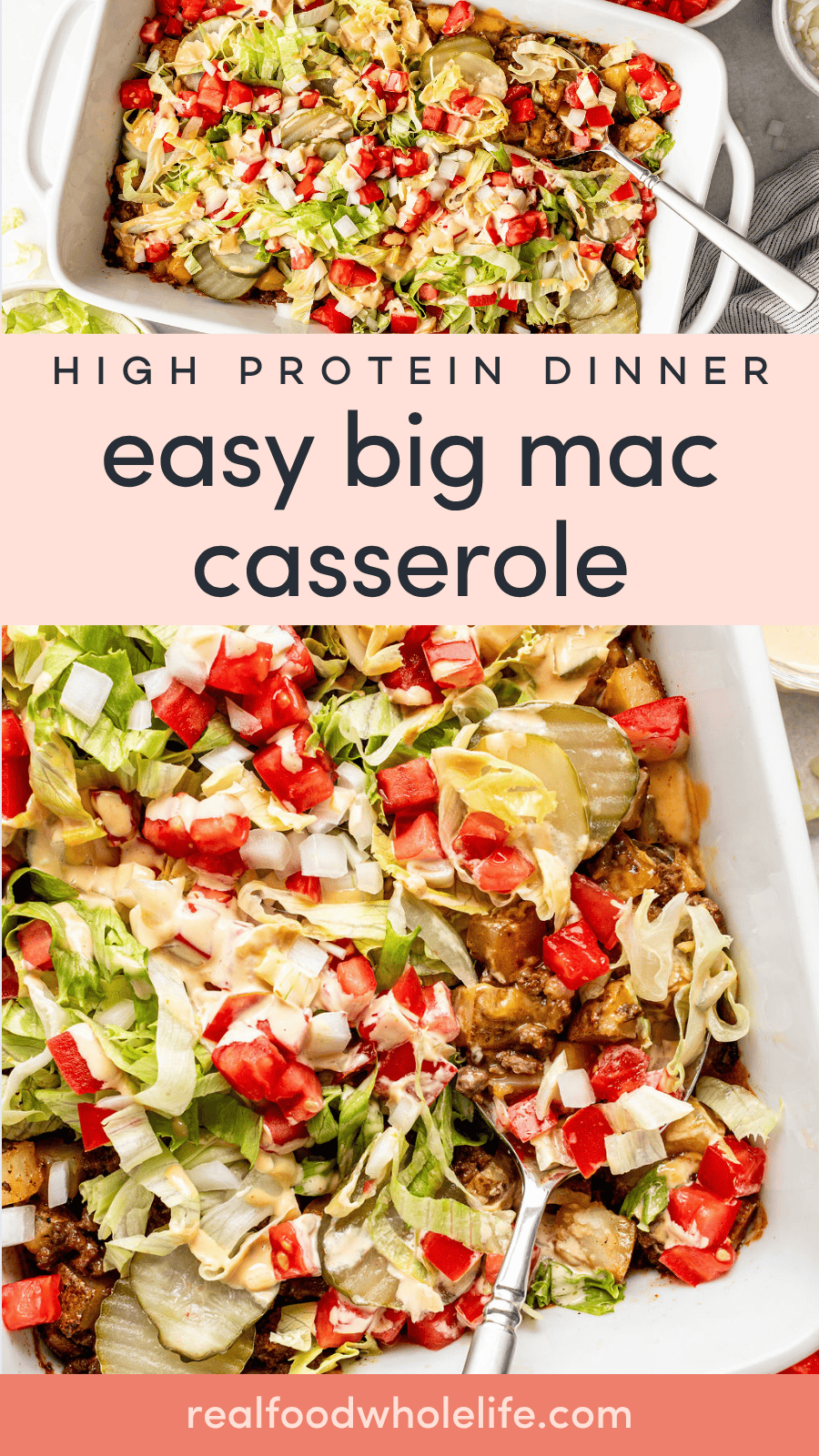 A casserole dish filled with Big Mac-inspired ingredients including ground beef, lettuce, tomatoes, pickles, and sauce, topped with chopped vegetables.