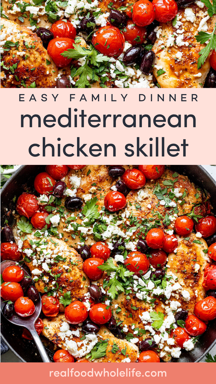 Close-up of a Mediterranean chicken skillet with cherry tomatoes, olives, herbs, and crumbled cheese, shown cooked in a pan.