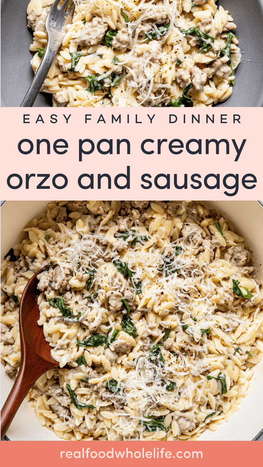 Cooked orzo pasta with sausage, spinach, and grated cheese in a skillet and pot, shown with serving utensils.