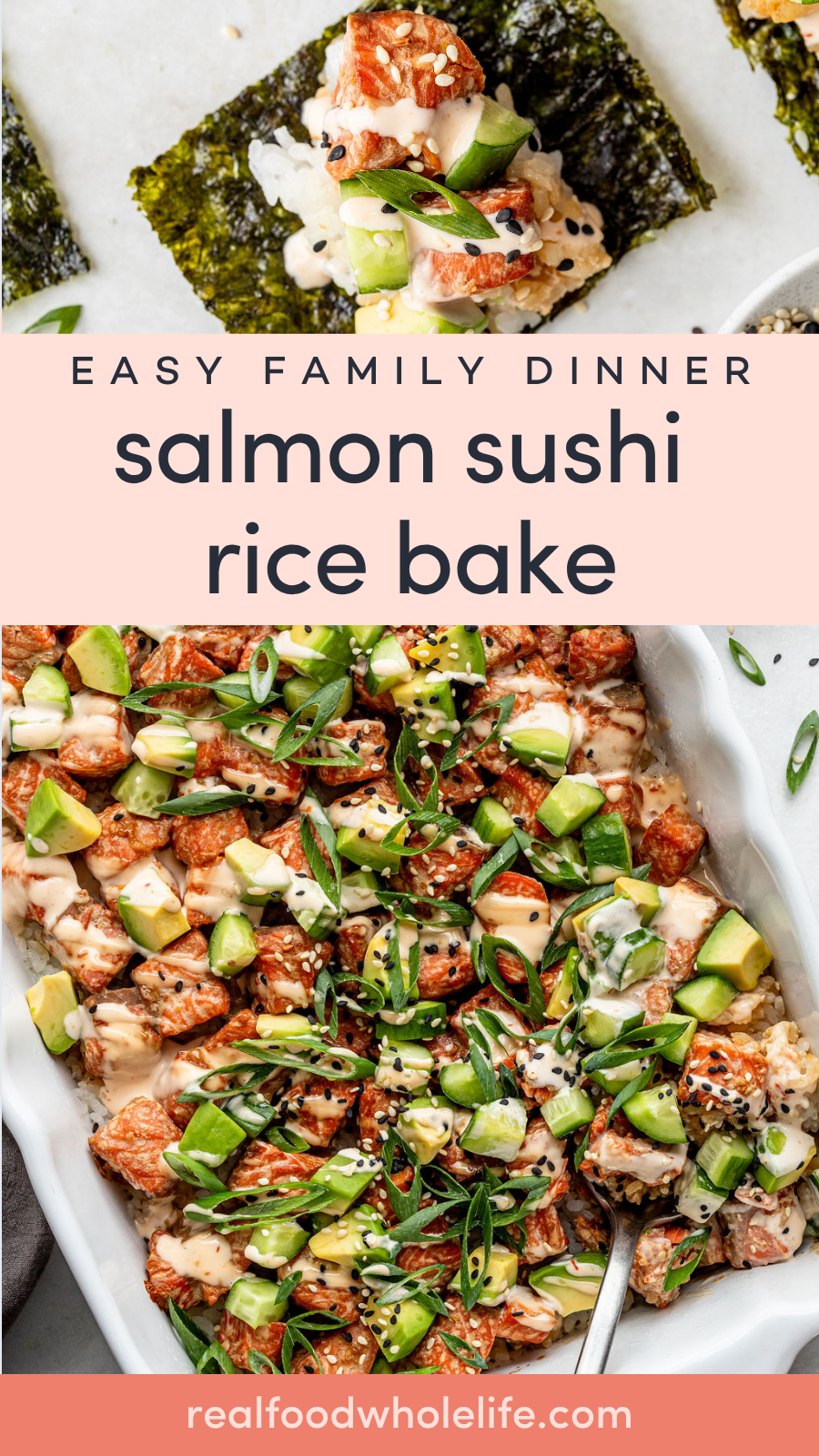 A casserole dish filled with baked salmon, avocado, rice, green onions, and sesame seeds, with nori sheets and a serving of the sushi bake on a spatula nearby.