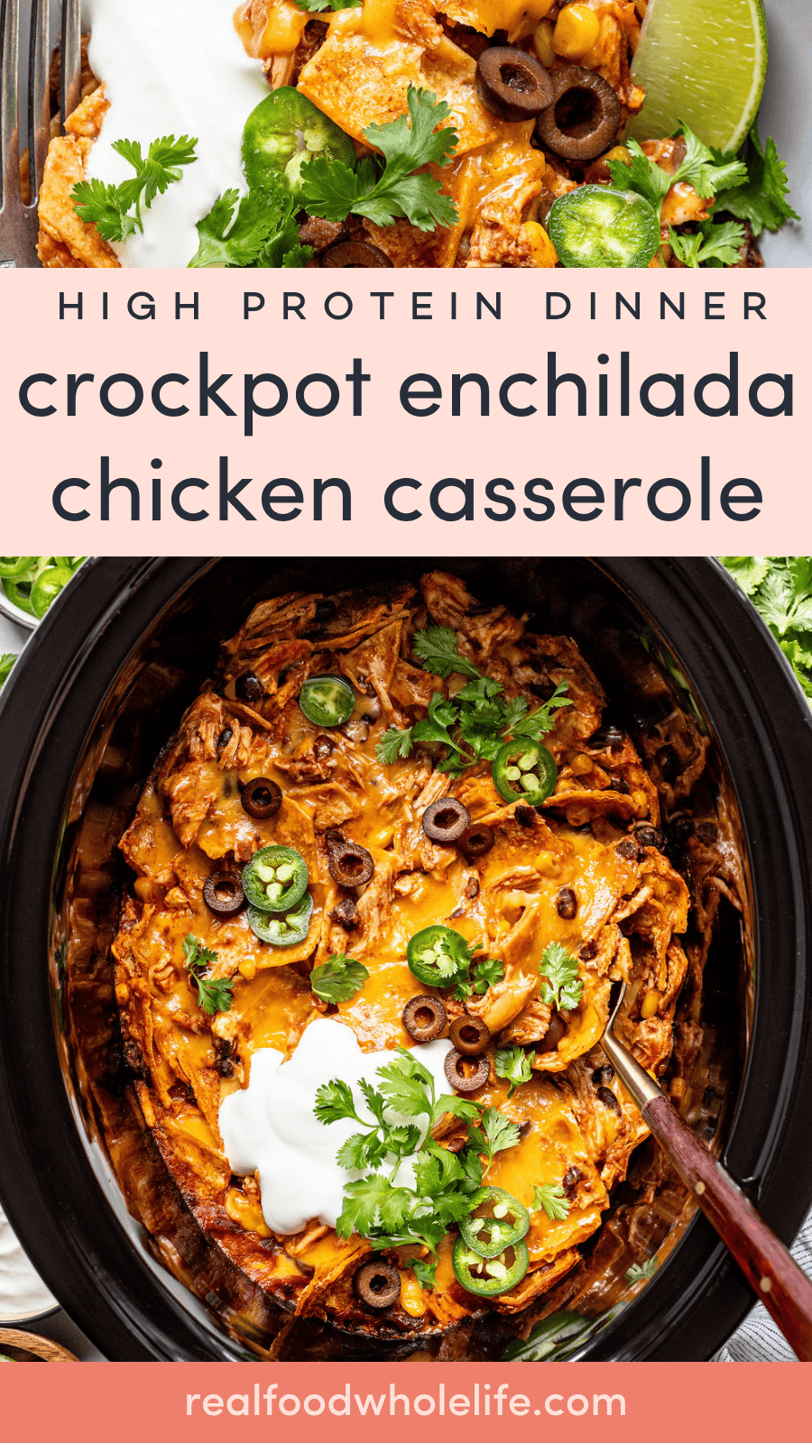 Crockpot enchilada chicken casserole topped with jalapeños, olives, sour cream, cilantro, and a lime wedge in a slow cooker.