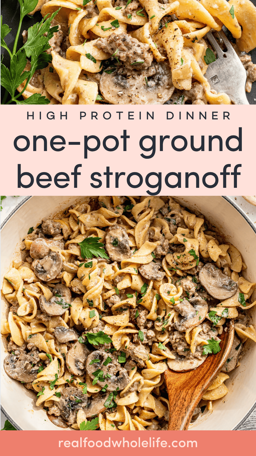 A large pot of ground beef stroganoff with egg noodles, mushrooms, and parsley, shown with a wooden spoon and close-up view of creamy pasta.