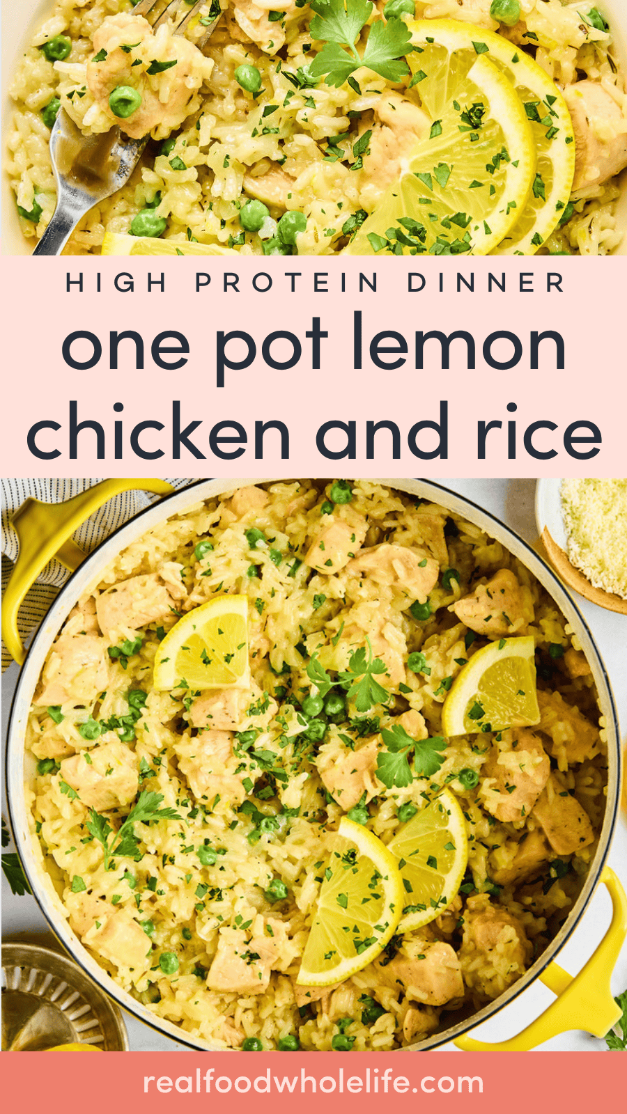 Overhead view of a pot filled with lemon chicken and rice, garnished with lemon slices and parsley, next to a serving on a plate.