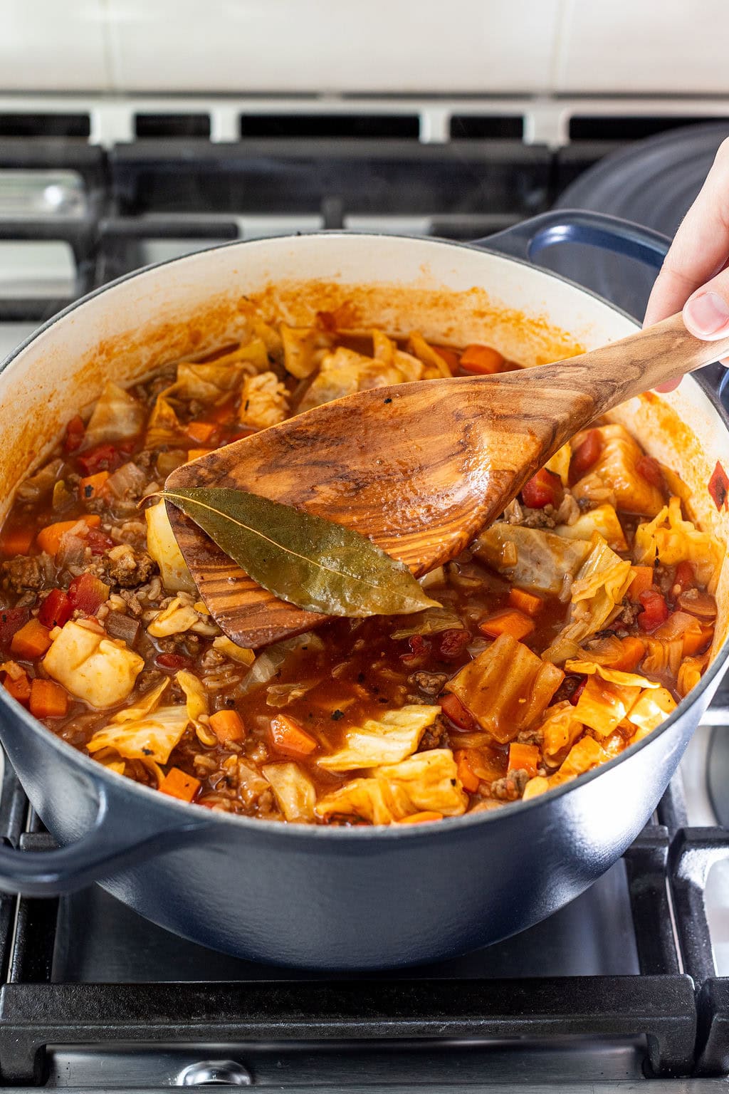 A wooden spoon stirs a pot of soup with cabbage, ground meat, carrots, tomatoes, and bay leaves on a stovetop.