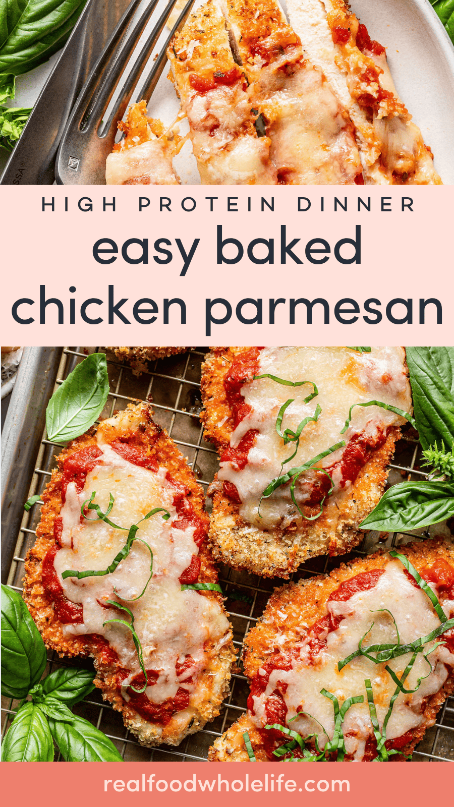 Three pieces of baked chicken parmesan topped with tomato sauce and melted cheese are arranged on a tray, garnished with fresh basil.