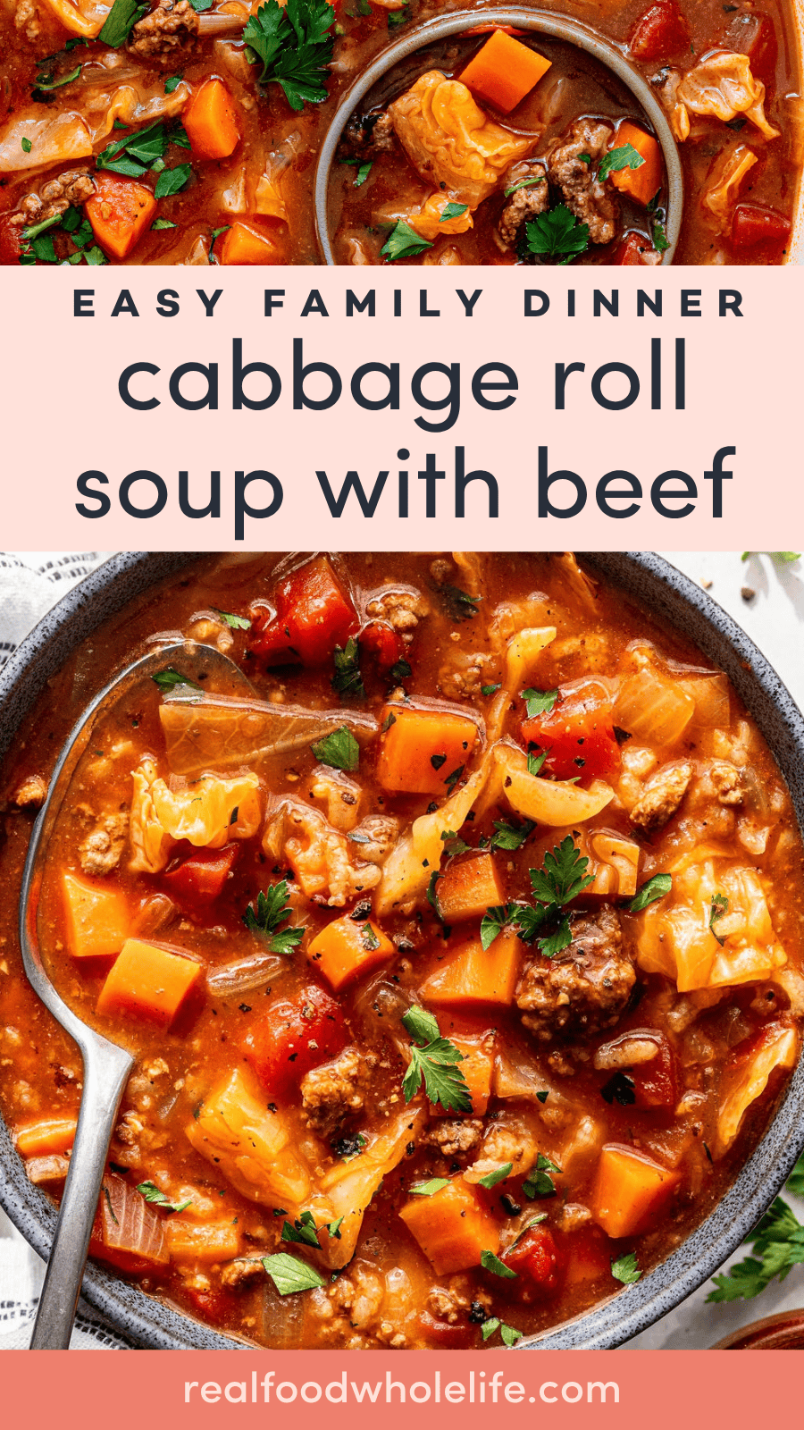 Overhead view of cabbage roll soup with beef, carrots, tomatoes, and herbs in bowls.