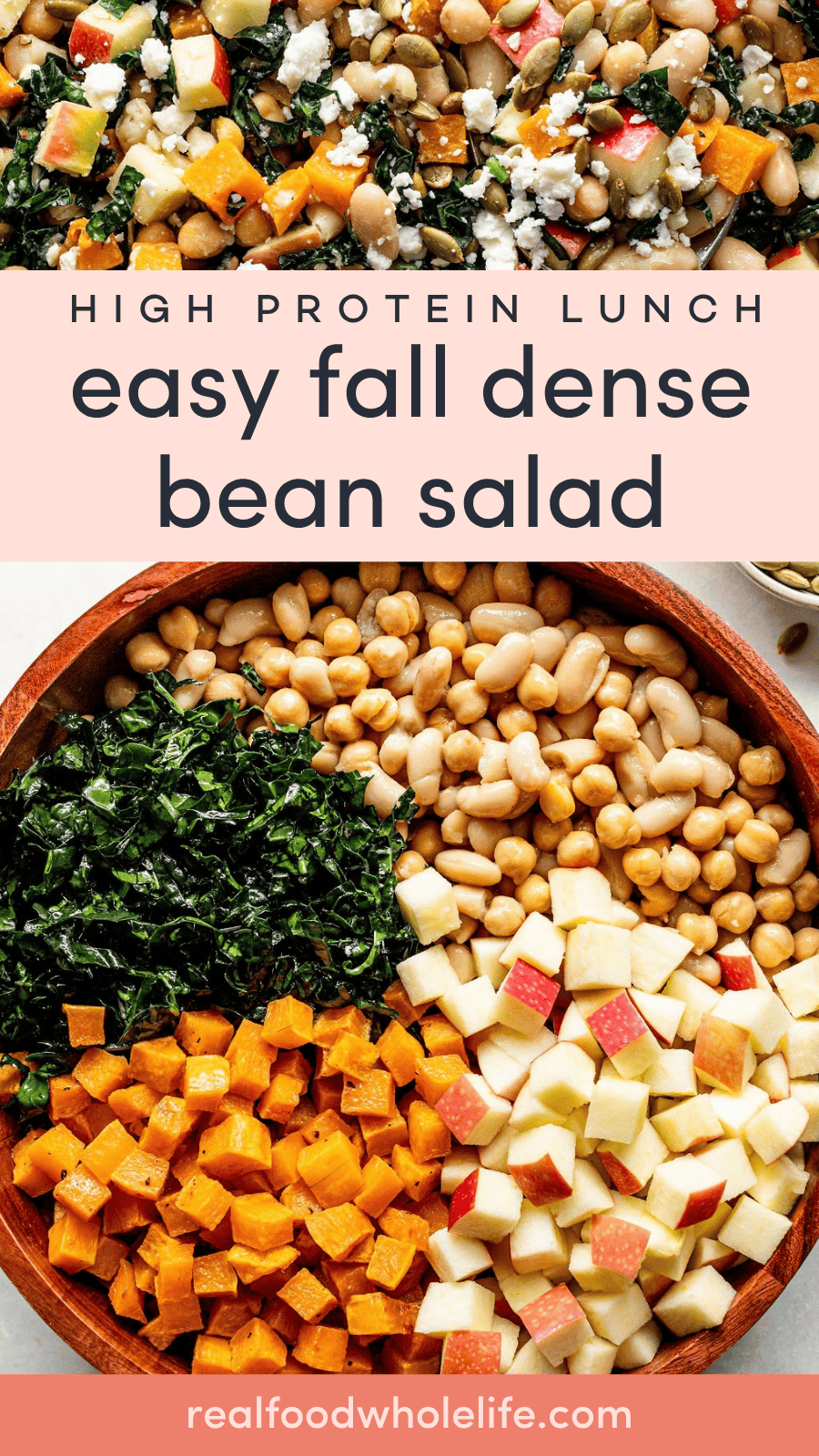 A bowl of bean salad with kale, cubed butternut squash, diced apples, and white beans, labeled as a high protein, easy fall salad.