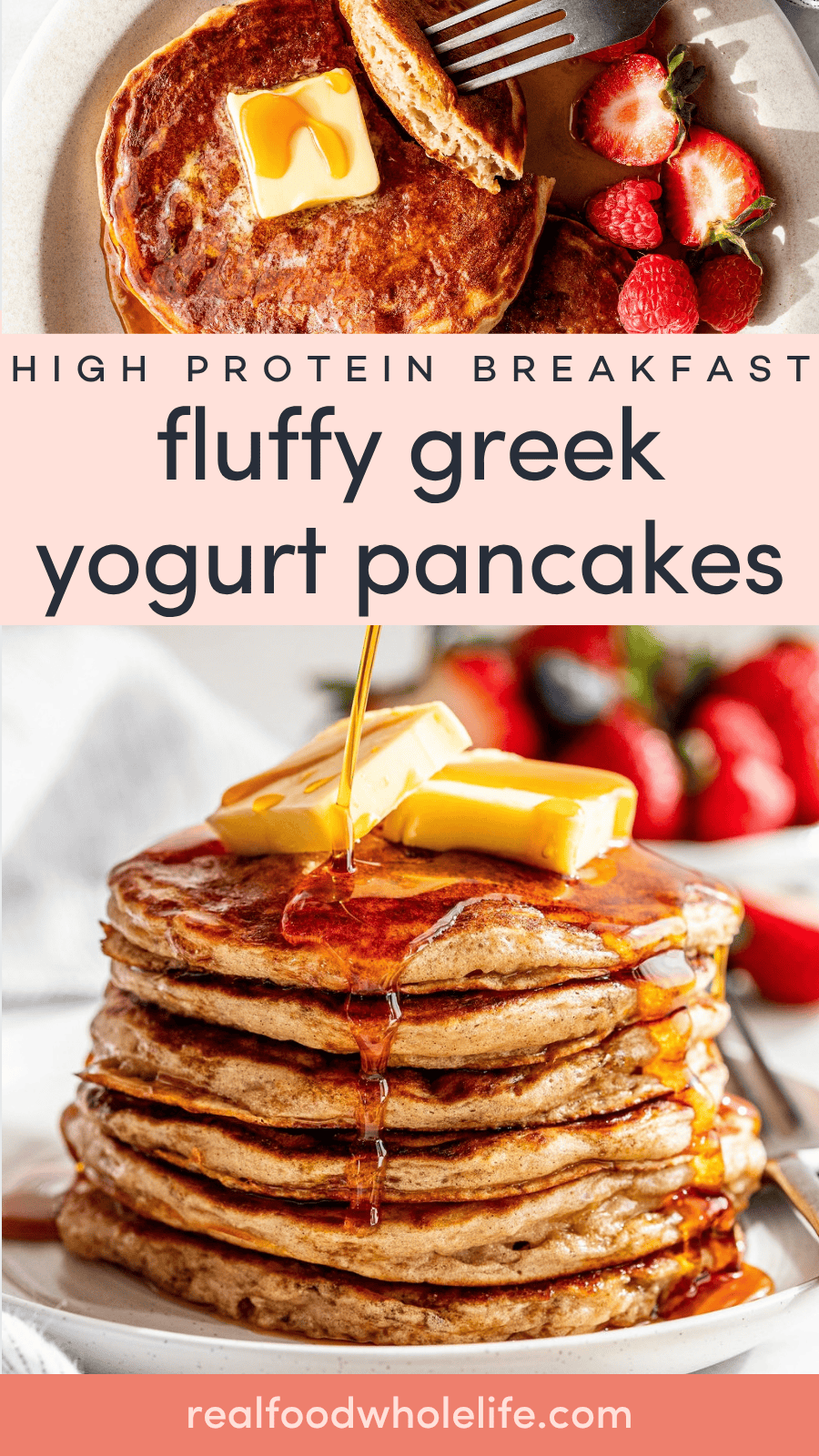 Stack of Greek yogurt pancakes topped with butter and syrup, served with strawberries and blueberries on a plate.