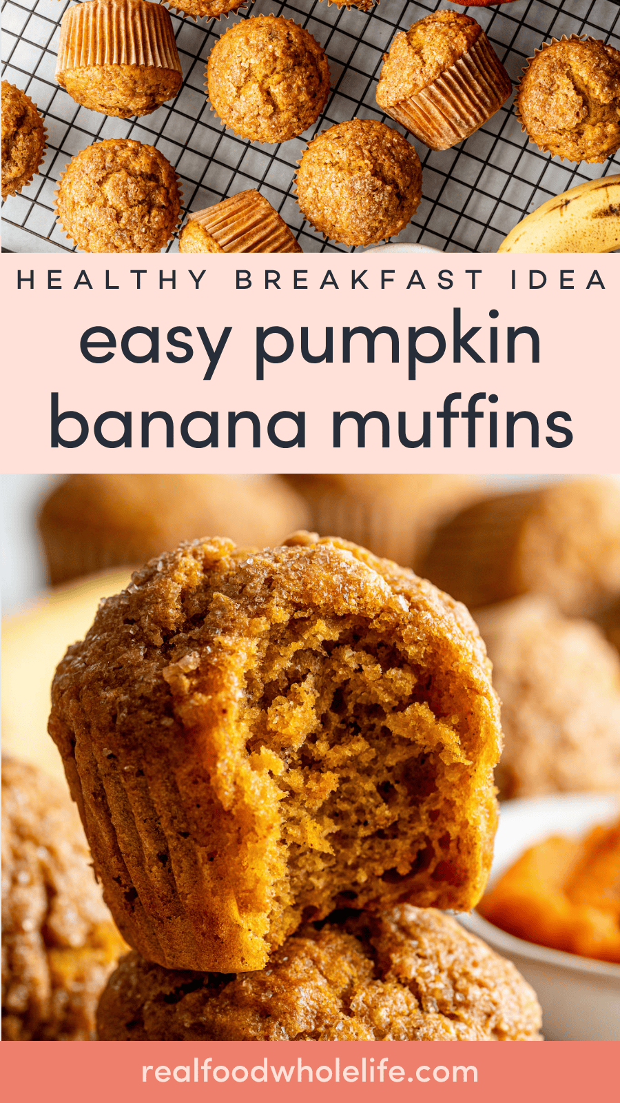 Pumpkin banana muffins cooling on a wire rack and stacked on a plate, with one muffin partially eaten showing a soft, moist interior.