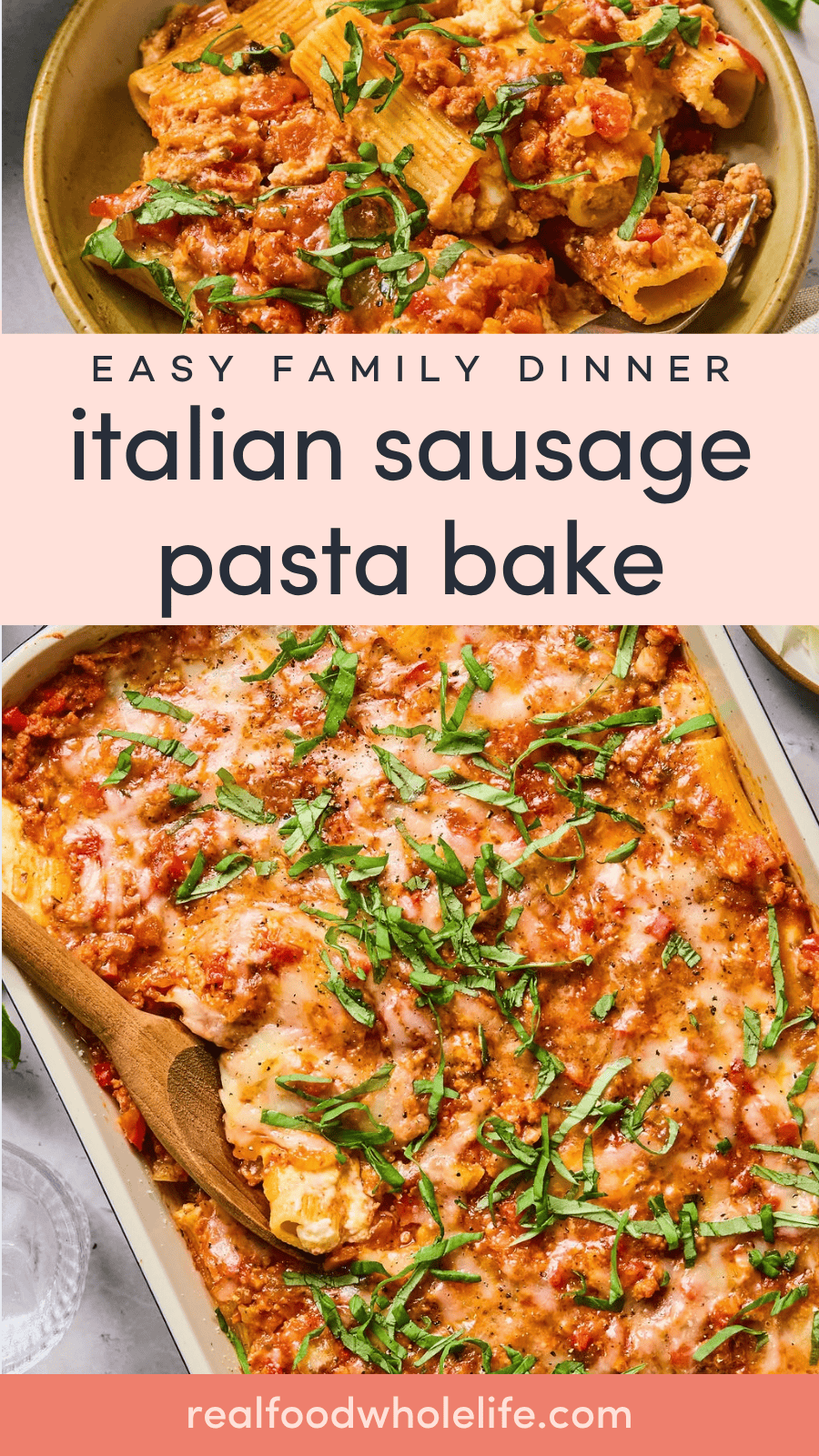 Baked pasta dish with Italian sausage, tomato sauce, melted cheese, and fresh basil, served in a casserole dish with a wooden spoon.