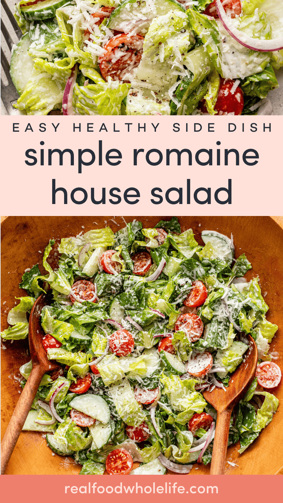 Two bowls of romaine house salad with cherry tomatoes, cucumbers, onions, parmesan cheese, and creamy dressing.