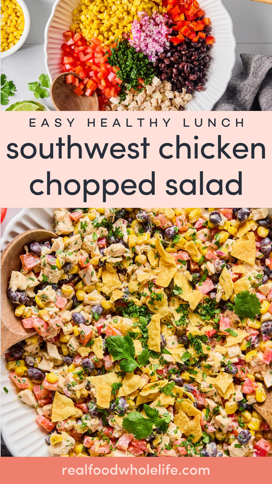 Chopped salad with chicken, black beans, corn, tomatoes, red onion, bell pepper, topped with crushed tortilla chips and cilantro, displayed in a white bowl.