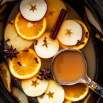 A slow cooker filled with apple cider, garnished with sliced apples, orange wheels, cinnamon sticks, star anise, and cloves, with a metal ladle submerged inside.