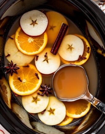 A slow cooker filled with apple cider, garnished with sliced apples, orange wheels, cinnamon sticks, star anise, and cloves, with a metal ladle submerged inside.