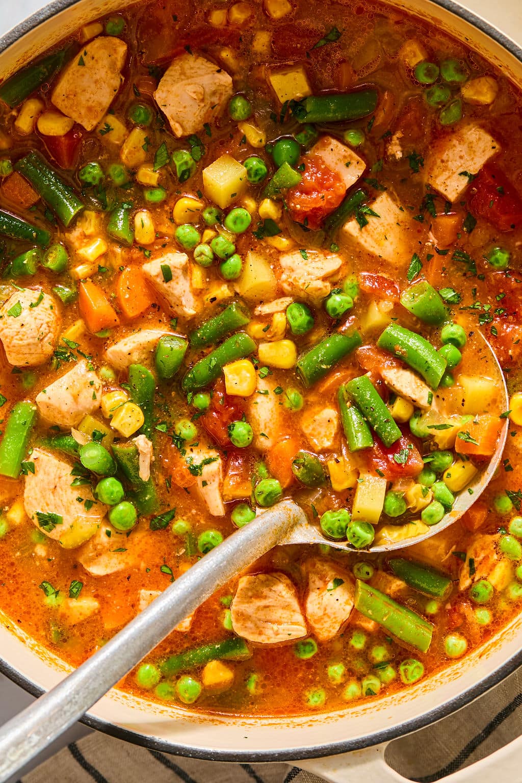 A pot of chicken and vegetable stew with green beans, peas, corn, and tomatoes, with a large metal ladle resting inside.