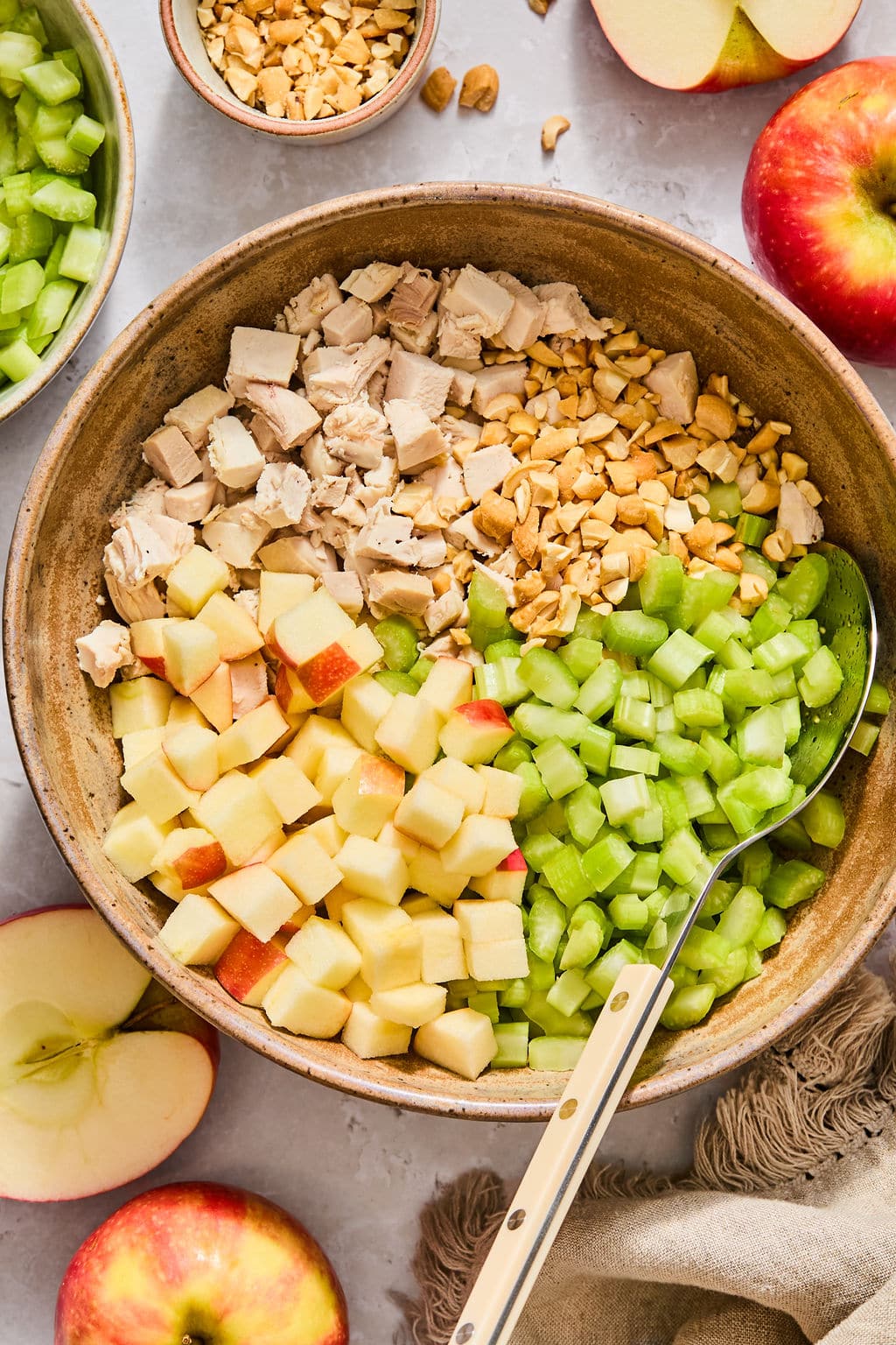 A bowl filled with diced chicken, chopped apples, celery, and nuts, with a serving spoon tucked into the side.