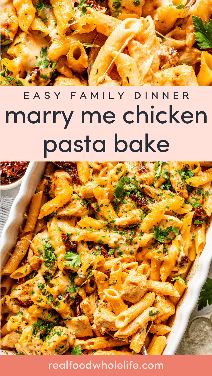 Penne pasta bake with chicken, sun-dried tomatoes, and herbs in a baking dish.