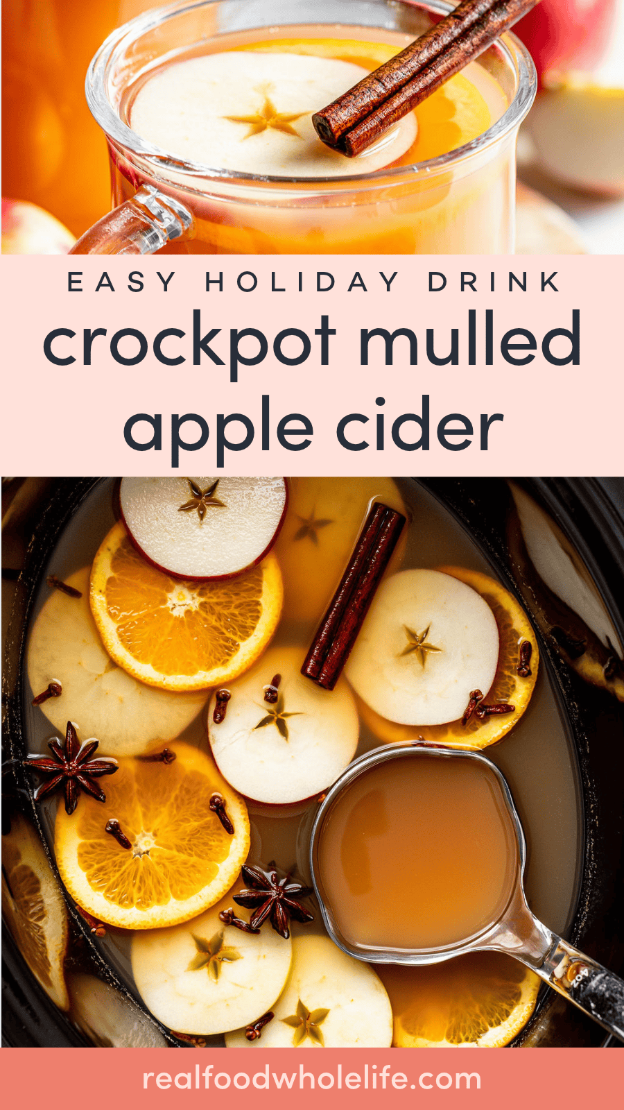 A slow cooker filled with mulled apple cider, orange slices, cinnamon sticks, star anise, and cloves, with a ladle resting inside.